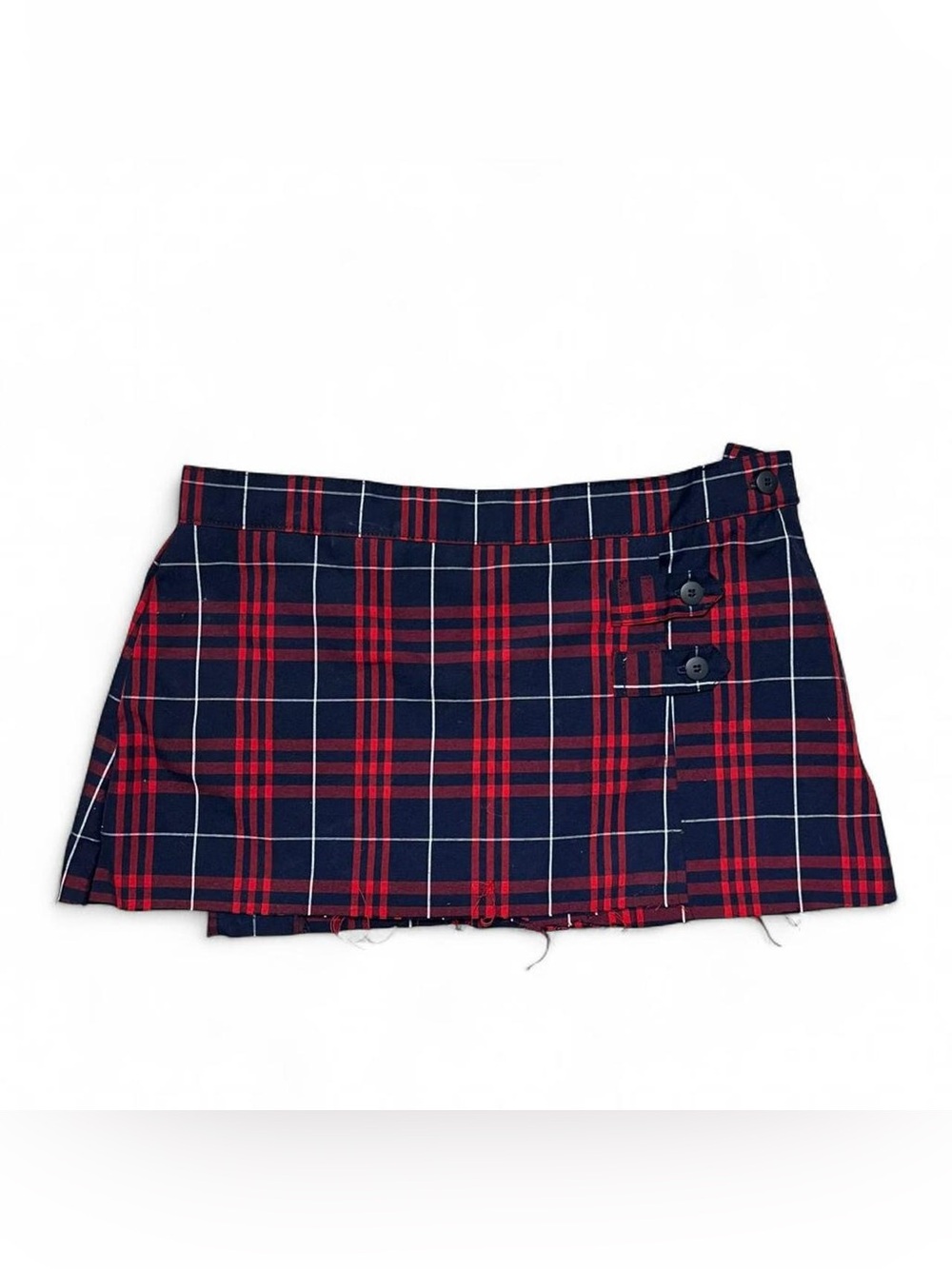 Dennis Navy and Red Plaid Micro Mini Skirt with Button Detail